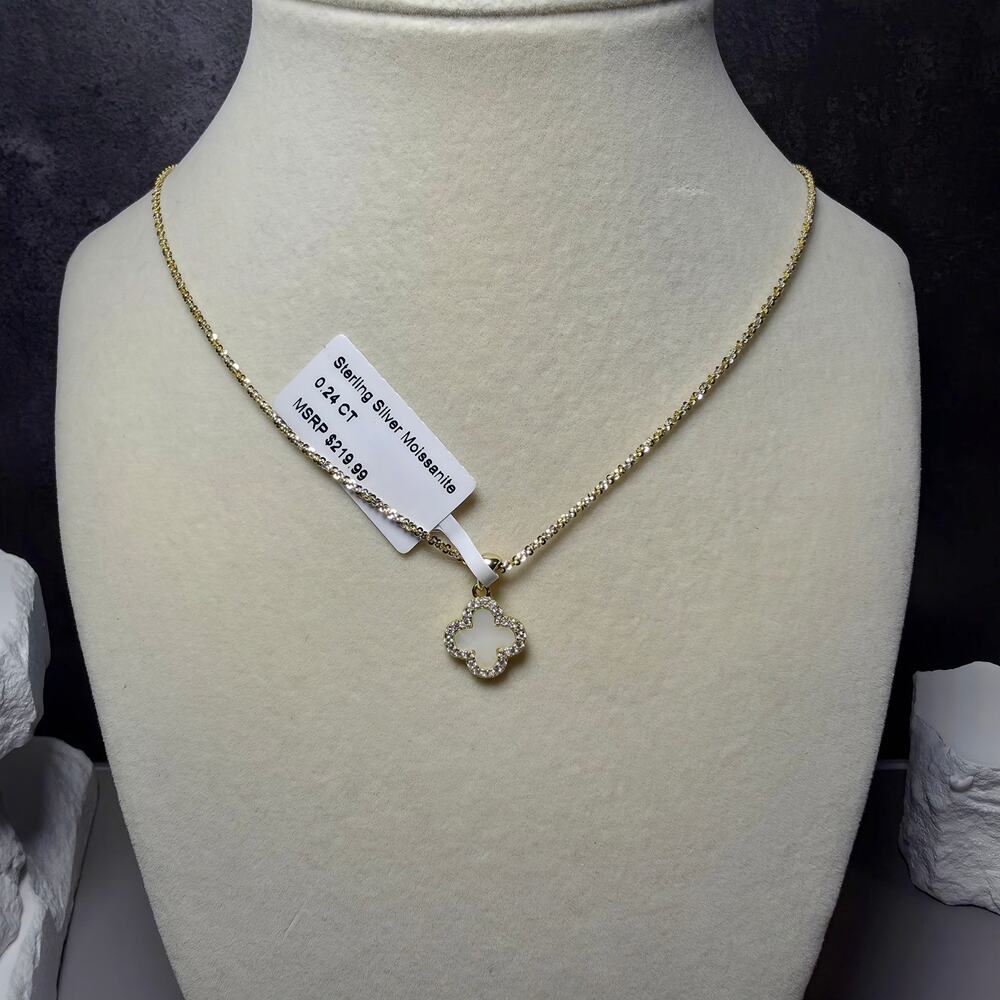 0.24CT Moissanite Mother of Pearl Clover Pendant 20" Two-Tone Twisted Rock Chain